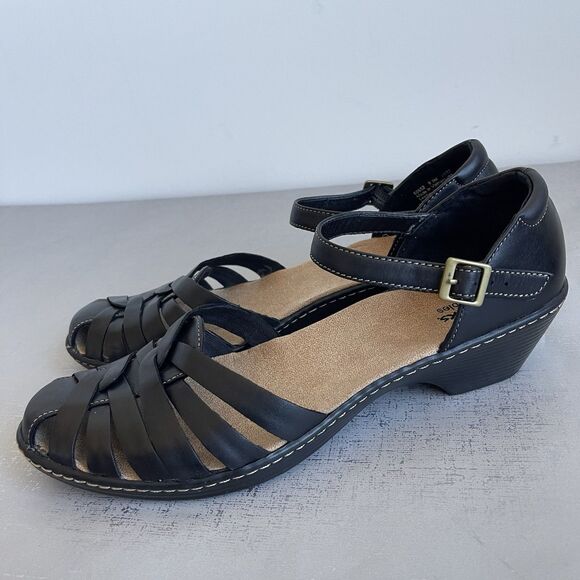 Clarks Tatianna Leather Sandals Size 9.5 M Black Ankle Strap Block Heel Comfort - Picture 1 of 11